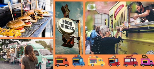 A series of photos of people in line at food trucks and some signage along with actual food.